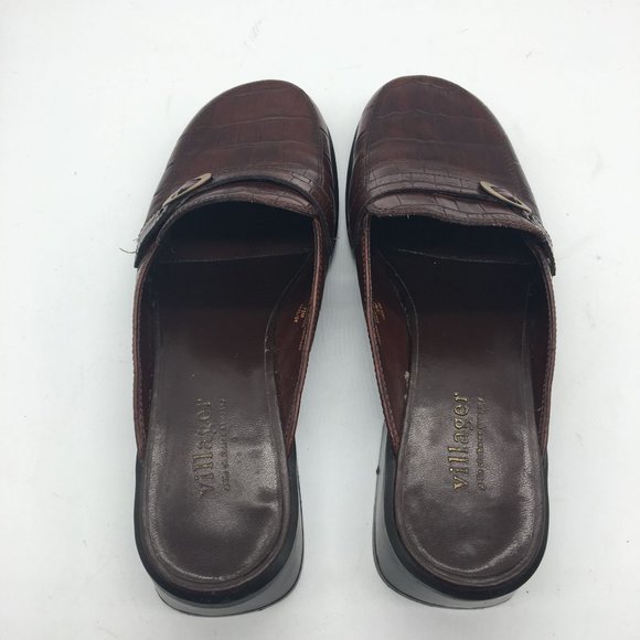 LIZ CLAIBORNE VILLAGER Slides Mules Leather 7.5 Charity Brown Textured Heel - Picture 5 of 8